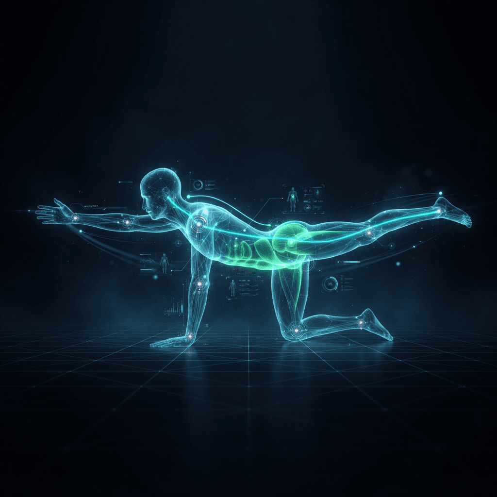 Translucent holographic figure in a bird-dog exercise pose with glowing neon green core and glute muscles and a cyan spine alignment line
