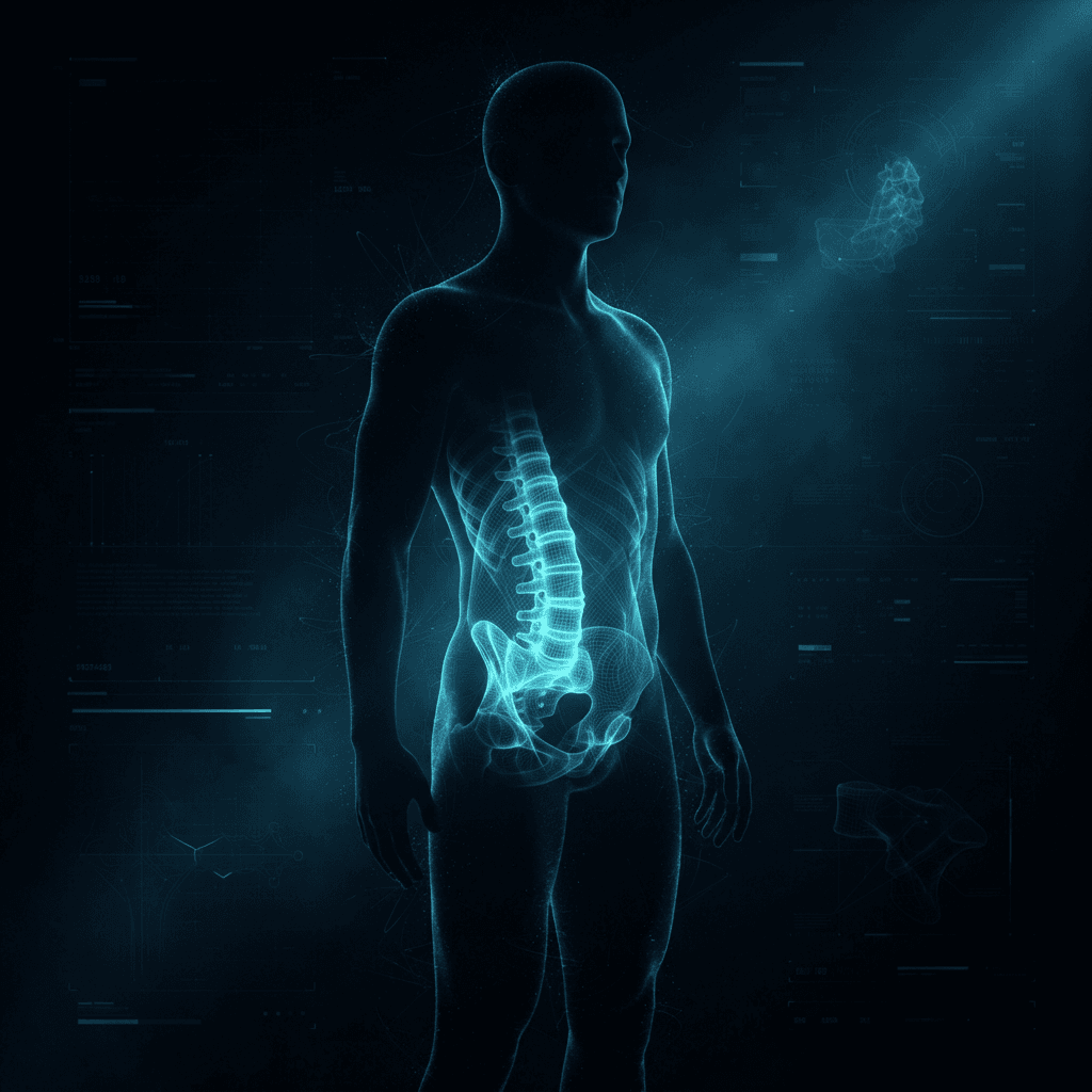 Holographic cyan lumbar spine with glowing vertebrae and discs inside a translucent human silhouette, with the lower back highlighted by a soft neon glow
