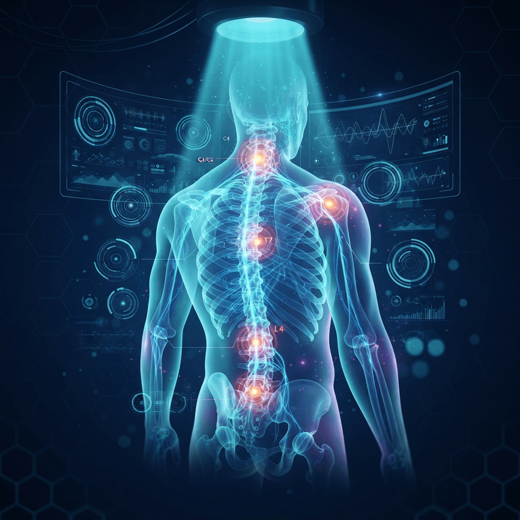 Translucent holographic human torso and spine seen from behind with glowing cyan neural pathways through the shoulders and pelvis, amber pain nodes and floating HUD rings on a dark navy grid background