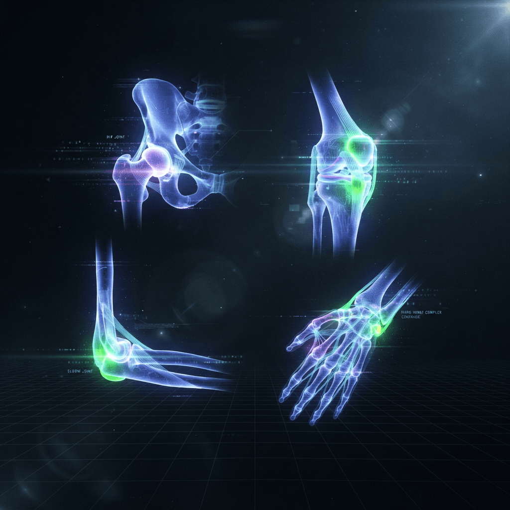 Glowing holographic x-ray composite of knee, hip, elbow and wrist joints in electric blue and violet with neon green highlights on inflamed tissue floating in a dark void with scanning light beams