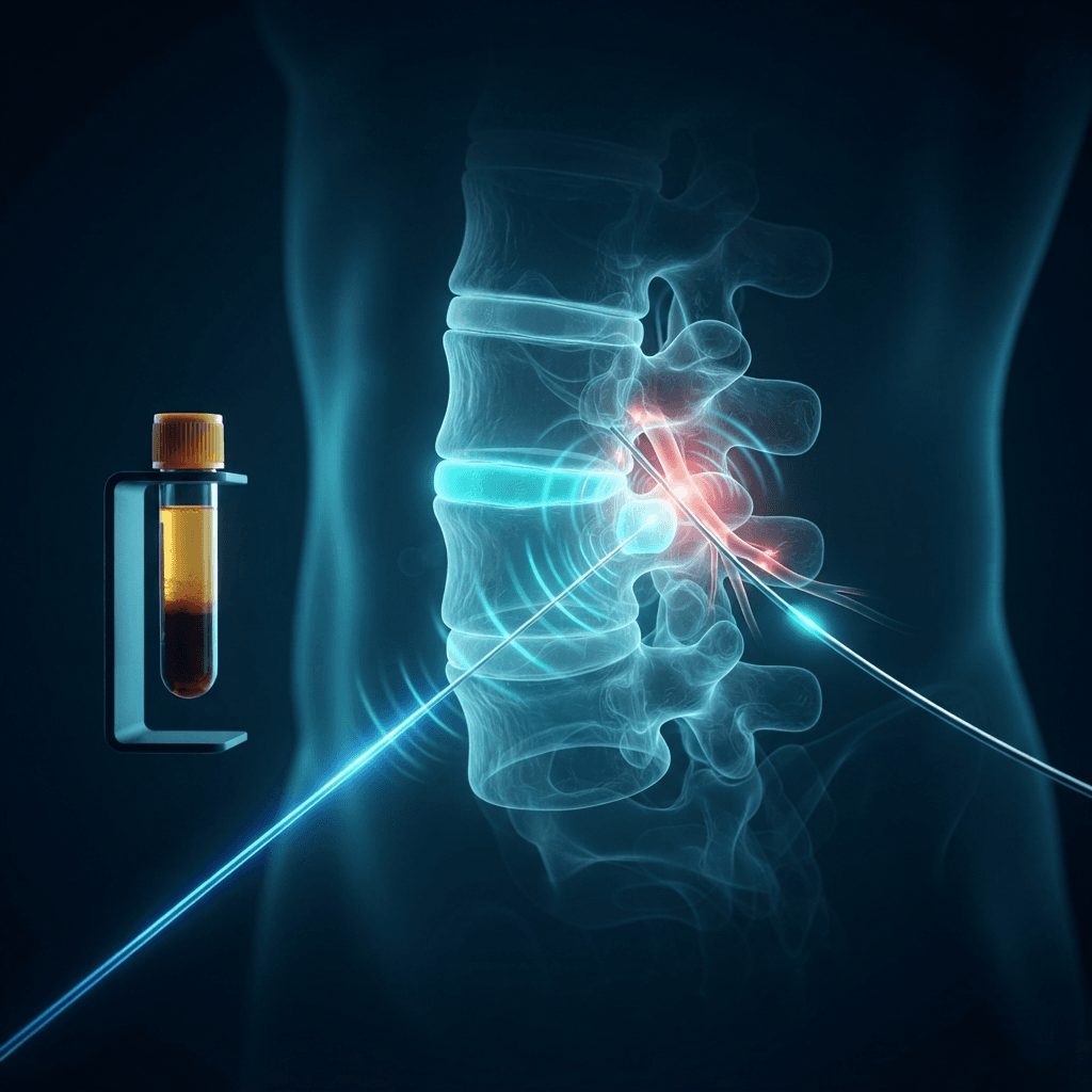Glowing fluoroscopy-guided needle path approaching a holographic spinal facet joint beside an irritated nerve root with an amber PRP vial and a neurostimulation lead radiating cyan signal waves on a deep blue background