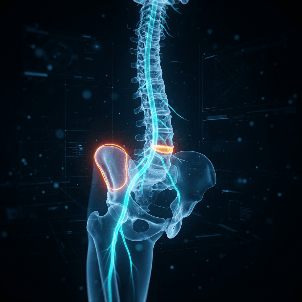 Holographic 3D scan of the lumbar and cervical spine with a glowing cyan sciatic nerve running into a translucent leg, an amber herniated disc and a neon ring marking the sacroiliac joint on a dark grid background