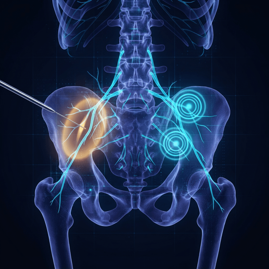 Holographic rear view of the sacrum and pelvis with cyan lateral branch nerves behind the sacroiliac joint and an amber radiofrequency probe creating a heat lesion