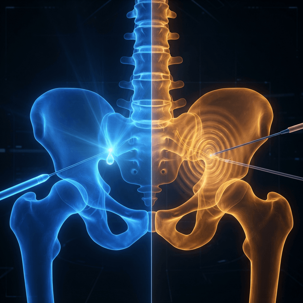 Split holographic pelvis: a blue sacroiliac joint receiving a glowing needle injection on the left, and an amber radiofrequency probe heating small lateral branch nerves on the right