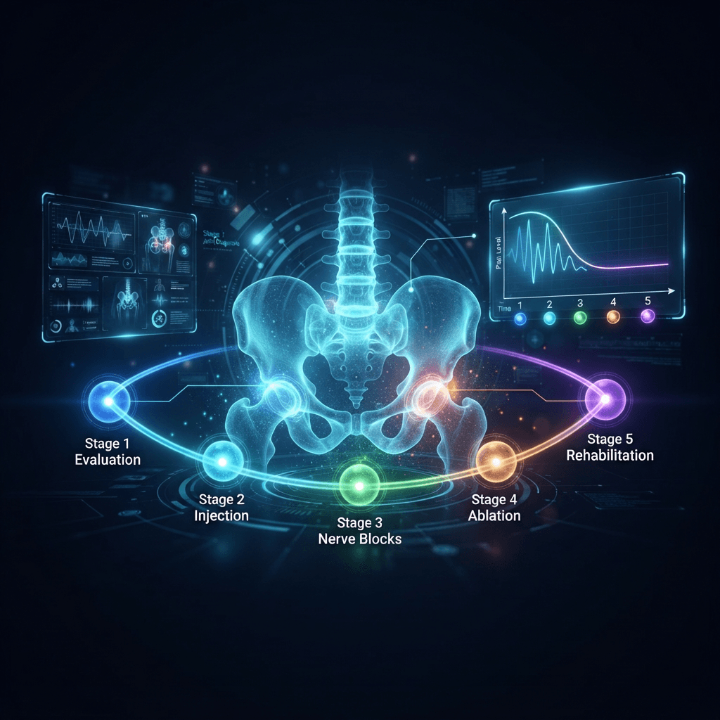 Glowing holographic pelvis with five luminous nodes along a curved neon path representing the stepwise SI joint care pathway and a rising pain-relief curve