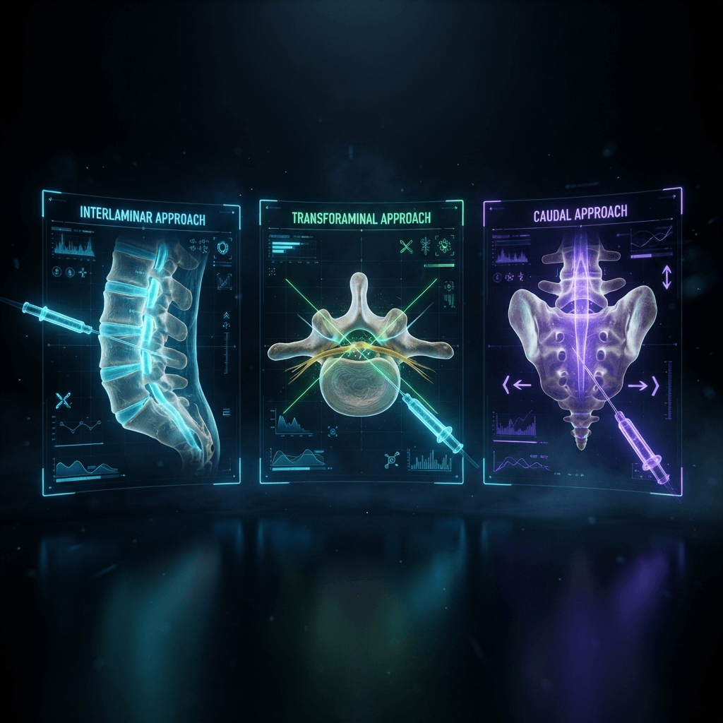 Three holographic panels showing the interlaminar, transforaminal, and caudal epidural injection approaches with neon anatomical cross-sections
