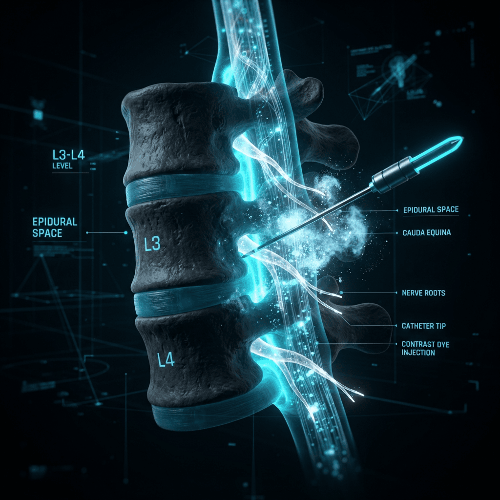 Holographic 3D cross-section of the lumbar spine showing the epidural space with a precision needle delivering medication around glowing nerve roots