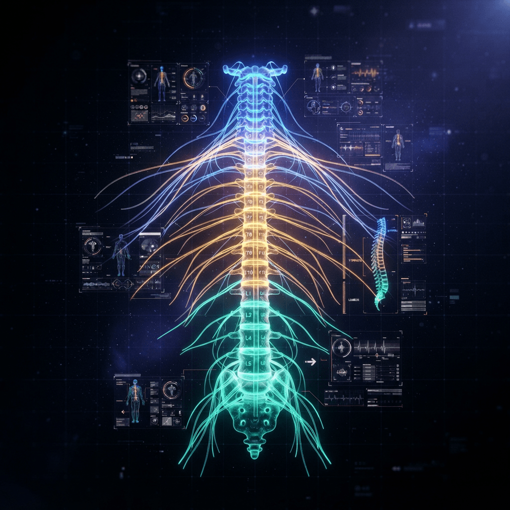 Full-spine holographic visualization showing cervical, thoracic, and lumbar regions illuminated in distinct neon colors with nerve roots radiating as fiber-optic strands