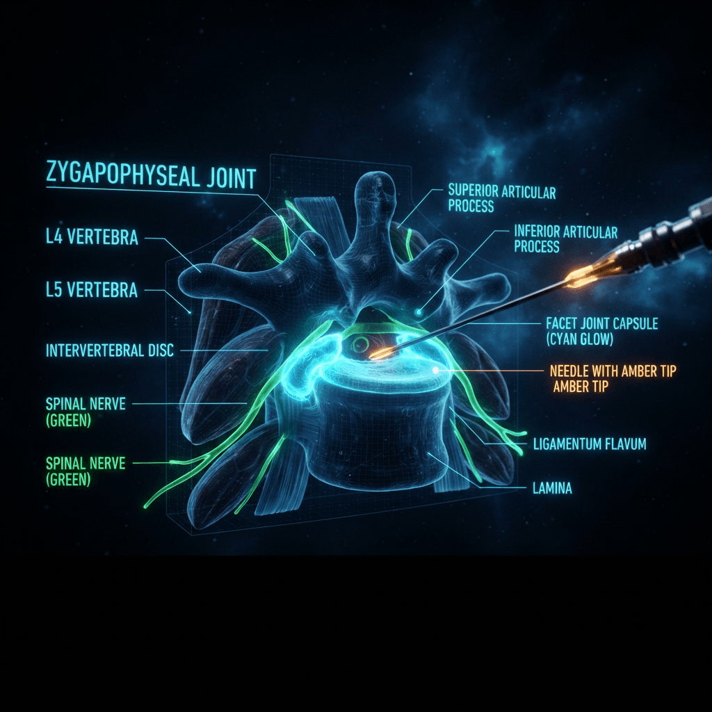 Holographic 3D cross-section of the lumbar spine showing a facet joint injection procedure with a precision needle inside the glowing cyan zygapophyseal joint capsule and electric green nerve pathways