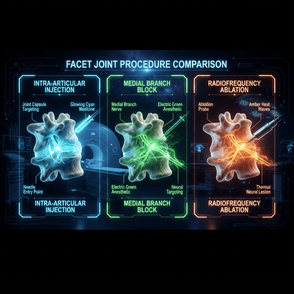 Holographic three-panel comparison of facet joint procedures: intra-articular injection with cyan medicine entering the joint, medial branch block with green anesthetic on the nerve, and radiofrequency ablation with amber heat waves disabling the nerve