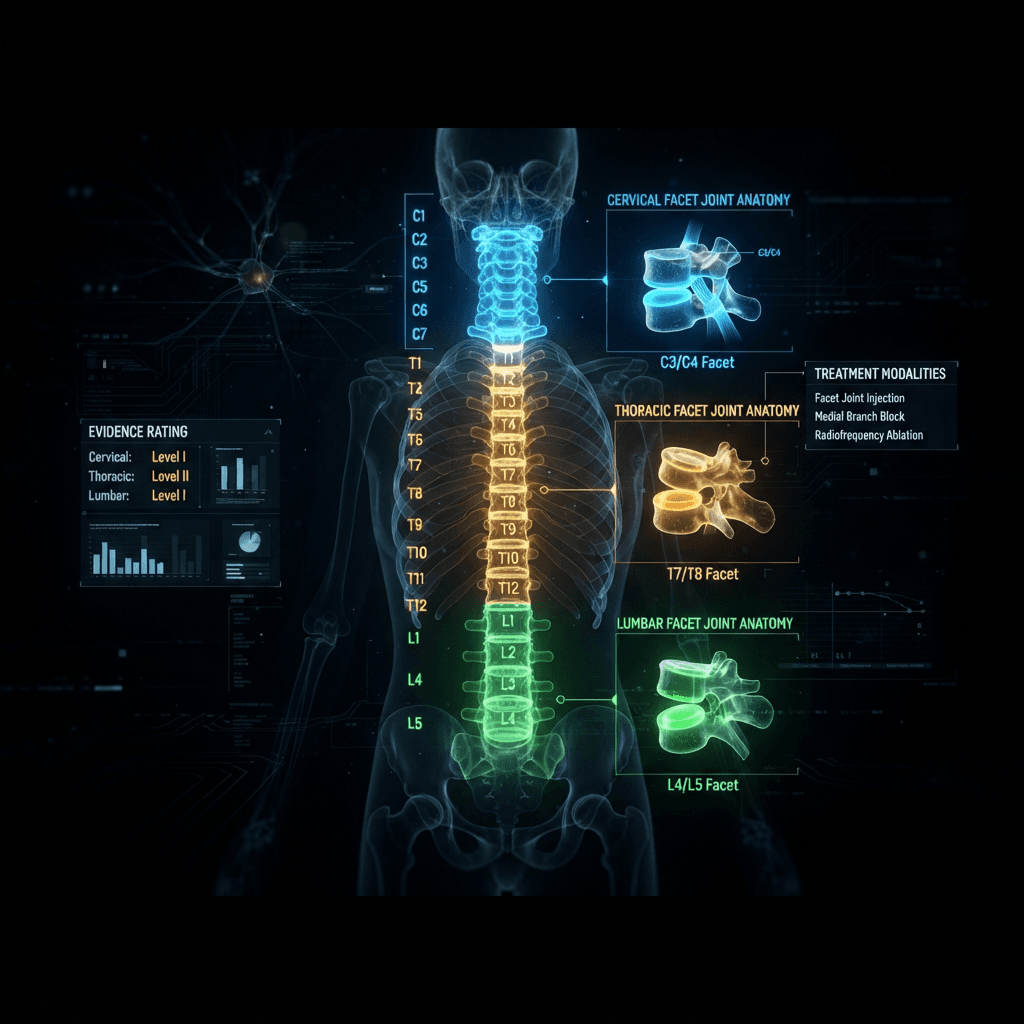 Holographic full-body spine diagram showing cervical facet joints glowing in electric blue, thoracic facet joints in amber-gold, and lumbar facet joints in neon green with floating evidence rating panels