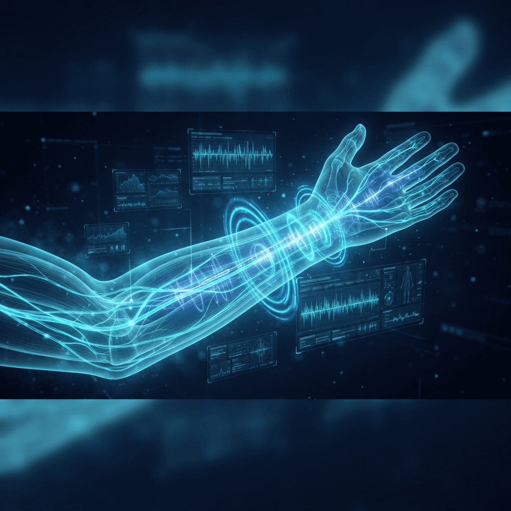 Holographic arm with a glowing peripheral nerve pathway, a small electrode lead beside the nerve, and radiating electrical pulse waveforms