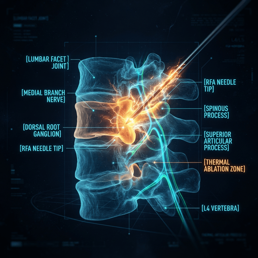 Holographic 3D cross-section of the lumbar spine showing a radiofrequency ablation needle tip positioned precisely next to a medial branch nerve with amber heat waves and electric arcs
