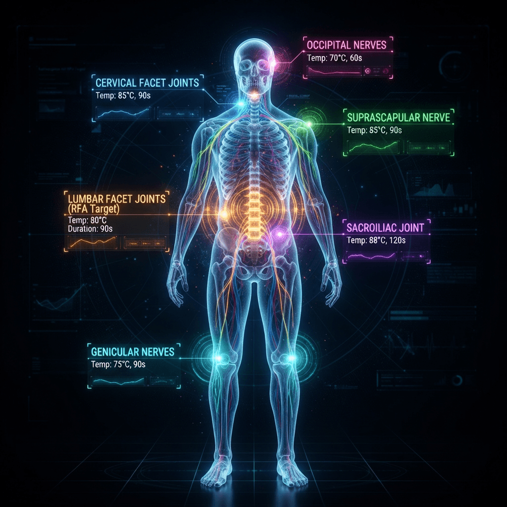Full-body holographic human figure showing all RFA treatment target sites: lumbar facet joints, cervical facet joints, sacroiliac joint, knee genicular nerves, shoulder suprascapular nerve, and occipital nerves with radiating energy pulses