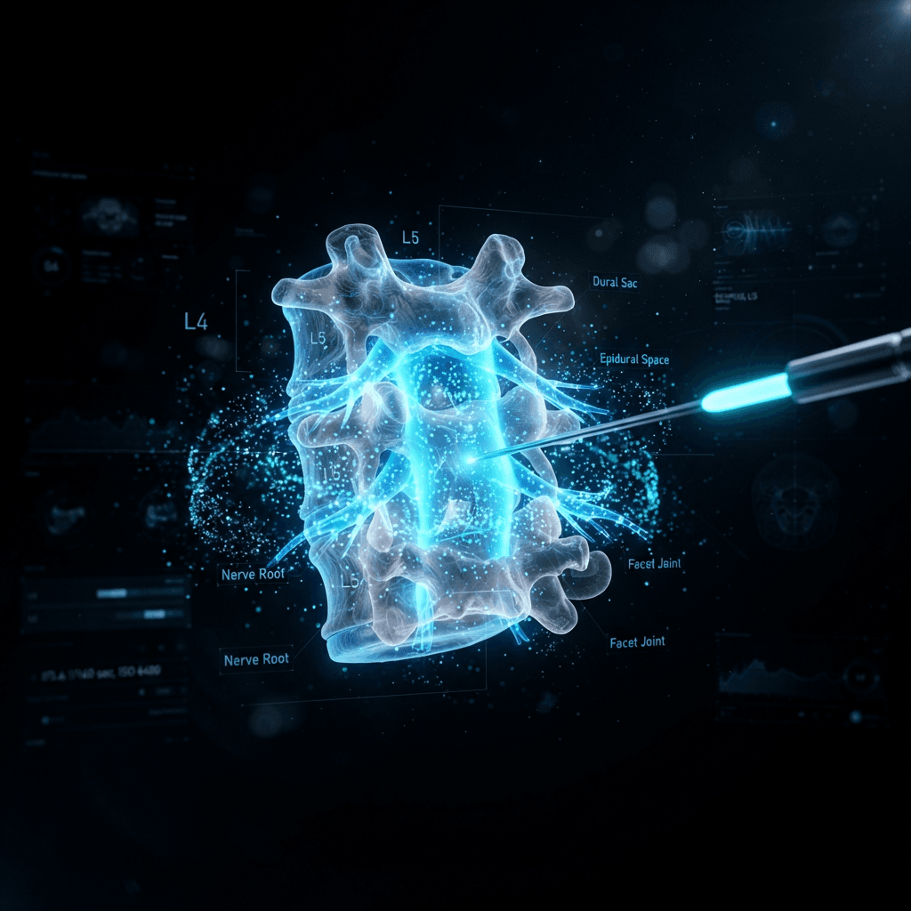 Ultra-high-tech holographic visualization of the lumbar spine with a fluoroscopy-guided needle approaching the glowing epidural space, cyan neural pathways pulsing around the nerve roots