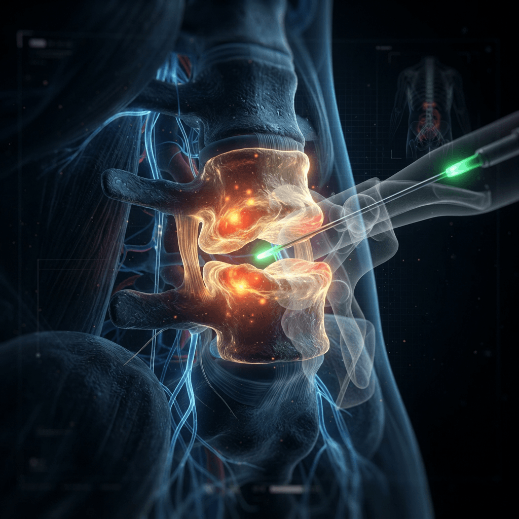Ultra-high-tech visualization of a spinal facet joint glowing amber with inflammation, a precision needle with neon green tip approaching under fluoroscopic guidance