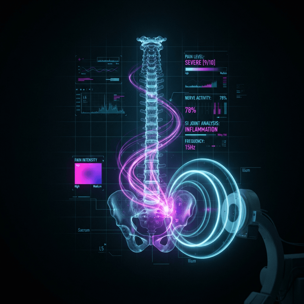 Ultra-high-tech holographic visualization of the full spinal column with the sacroiliac joint glowing in electric purple, pain signal pathways flowing as streams of light from the SI joint through the pelvis