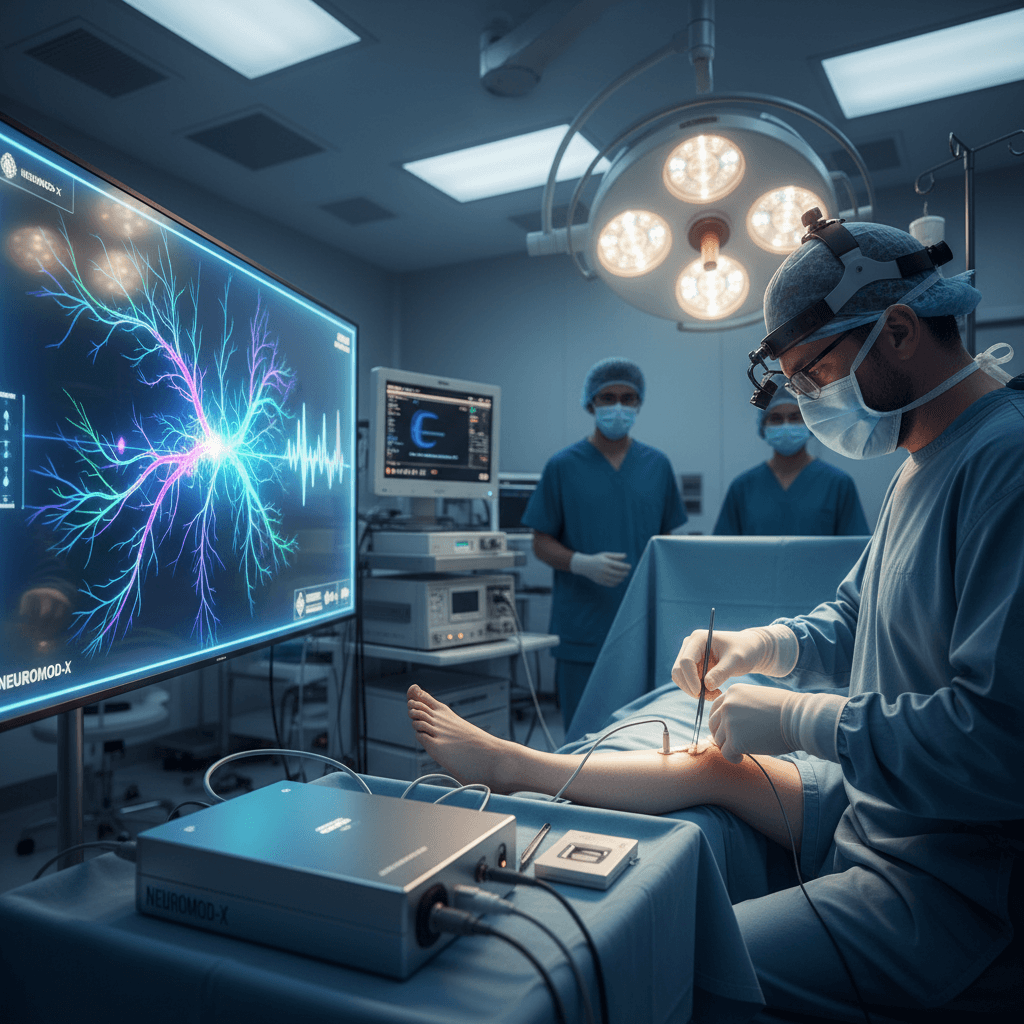 Holographic nerve stimulation visualization showing peripheral nerve electrode placement with electrical pulse waveforms and anatomical nerve pathway mapping