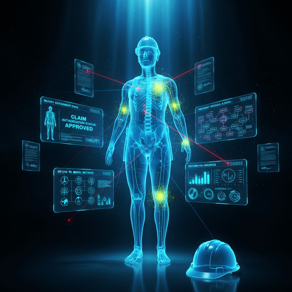 Injured worker with highlighted spine, shoulder and knee areas, shown with injury assessment and return-to-work panels, for workers' compensation care at Queens Pain Clinic