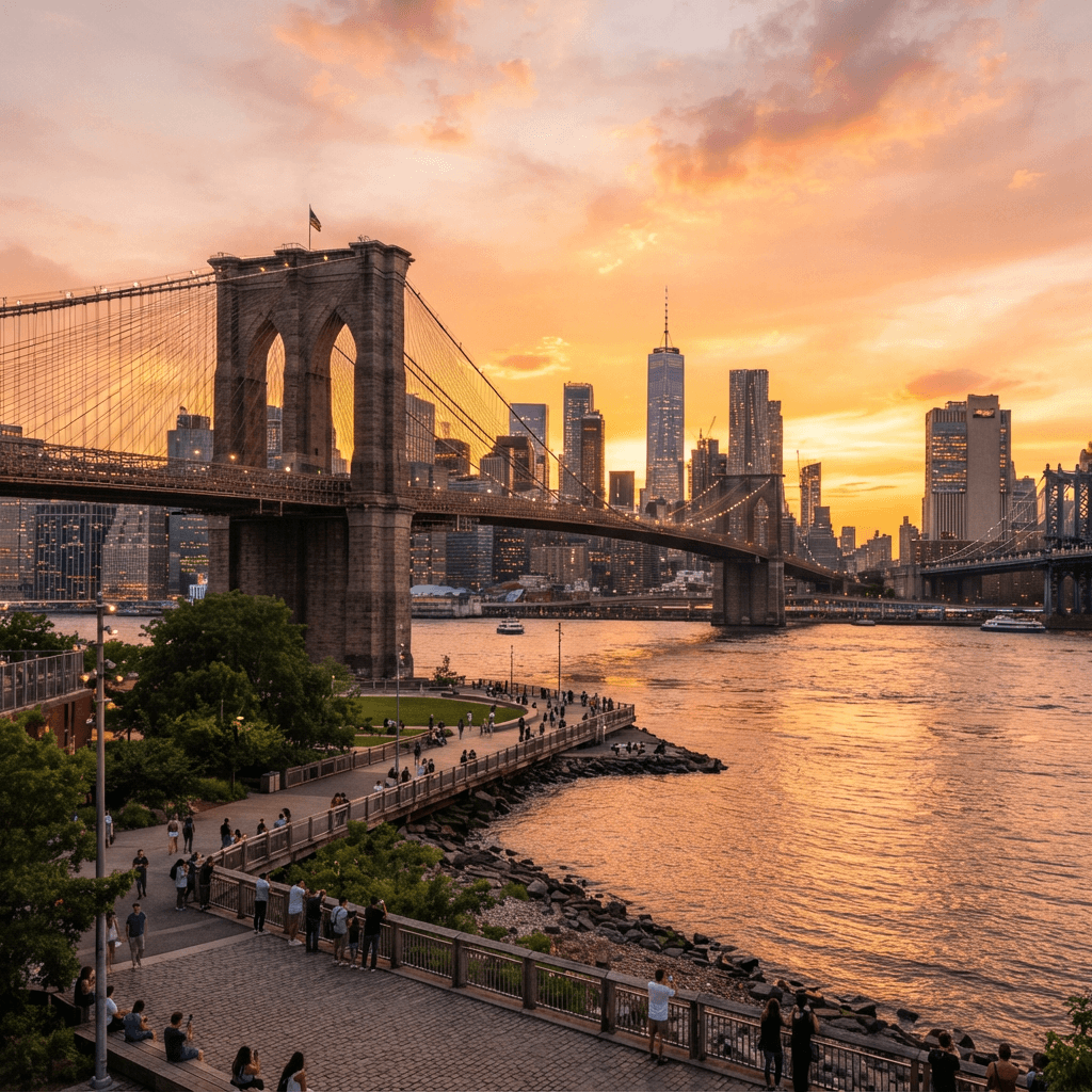 Brooklyn Bridge at golden hour viewed from the Brooklyn waterfront with Manhattan skyline behind