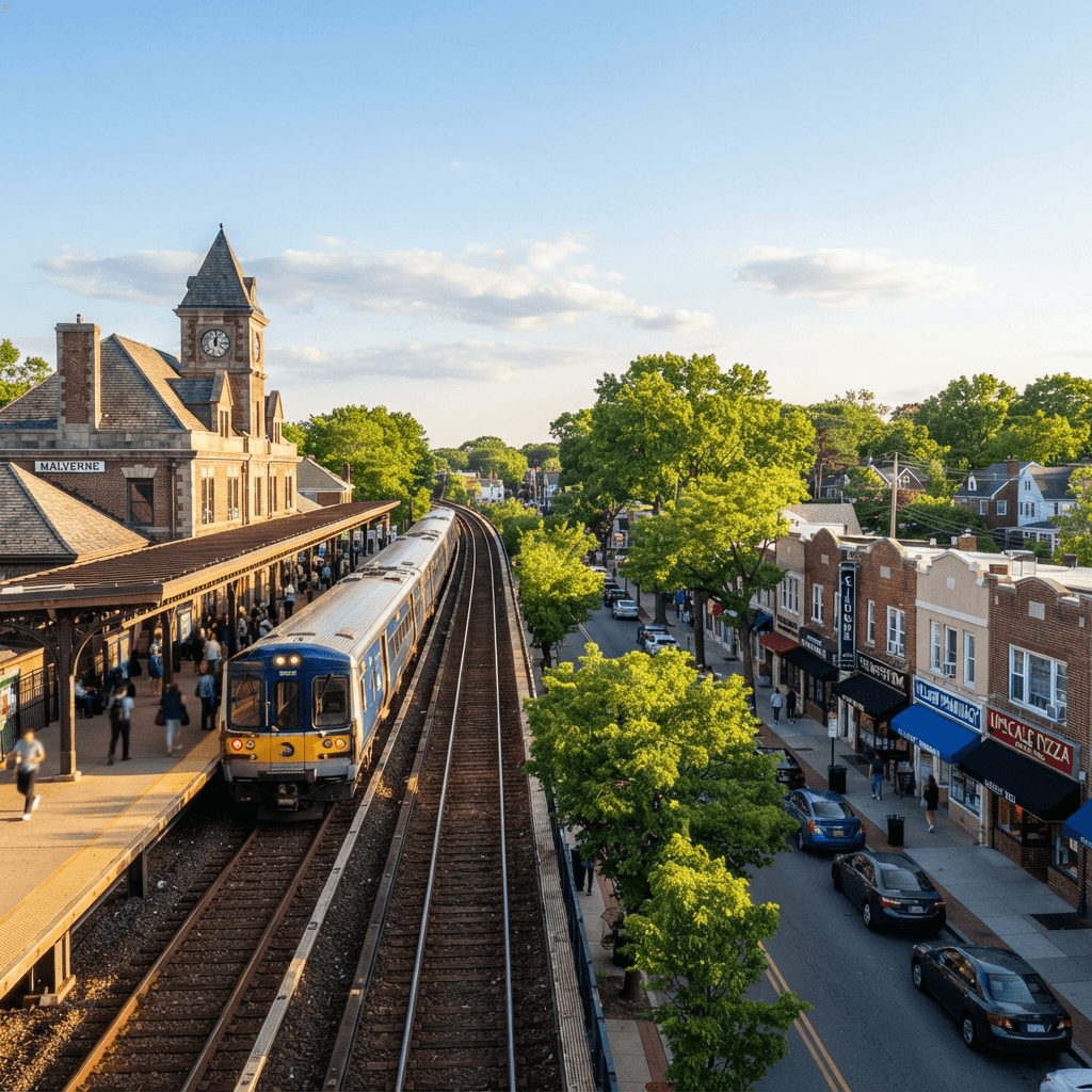 Malverne Long Island Rail Road station with a train and brick village storefronts under a blue sky