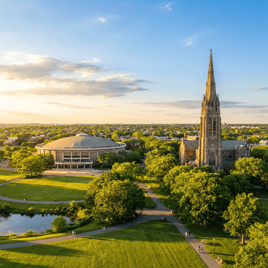 Stone cathedral spire rising over green lawns in Garden City, Nassau County, Long Island at golden hour