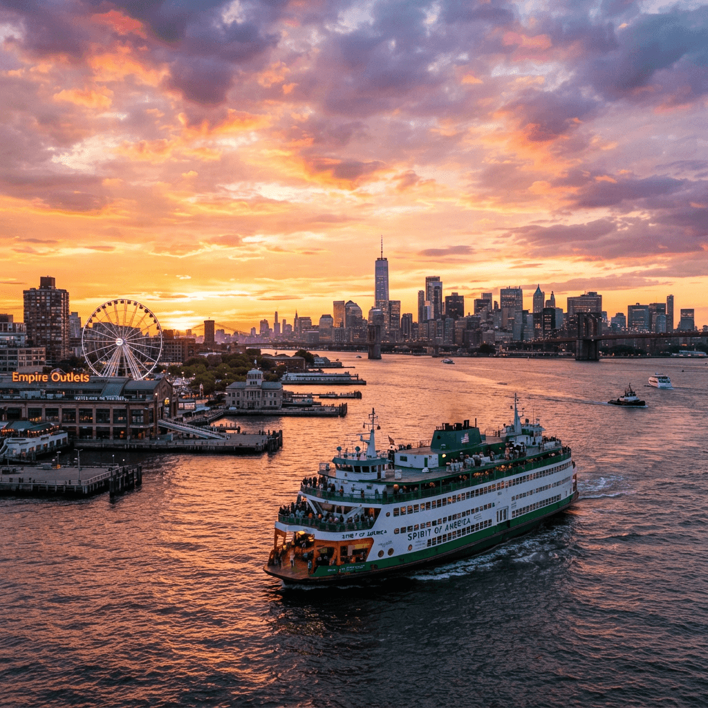 Staten Island Ferry crossing New York Harbor at sunset with the Manhattan skyline behind