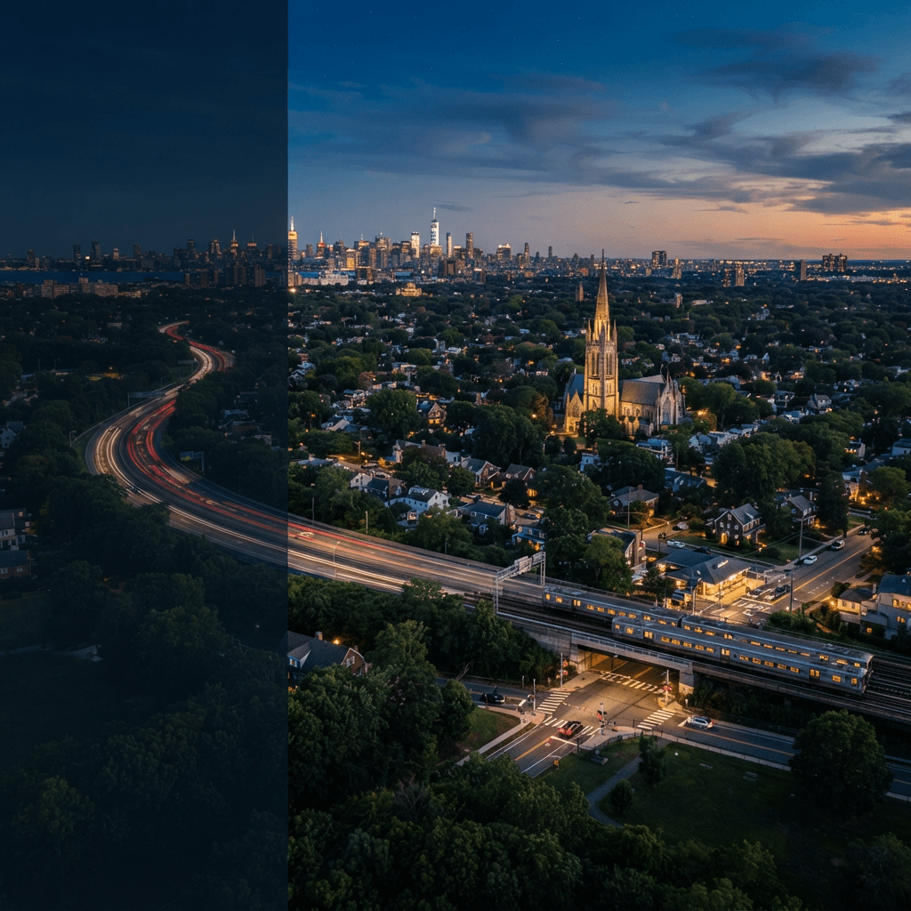 Long Island at dusk with a parkway, a Long Island Rail Road train and a stone church spire