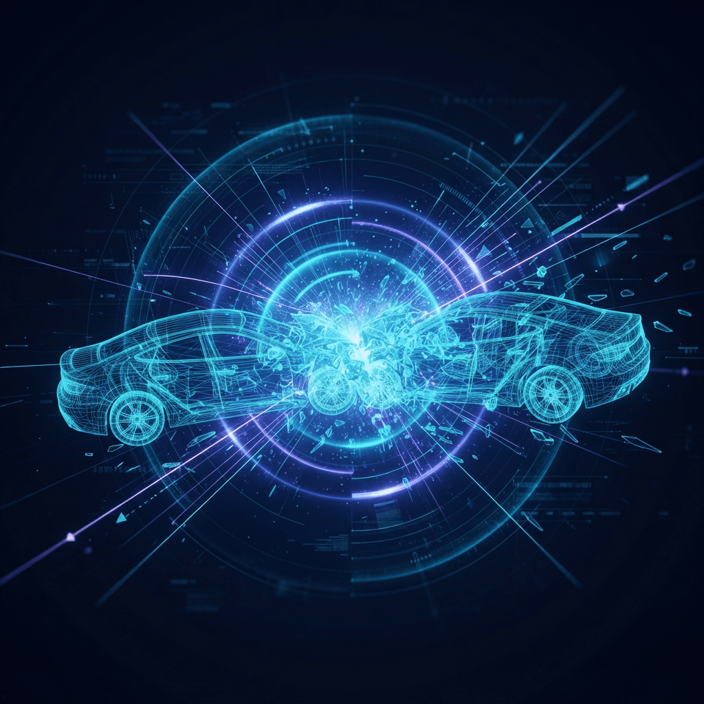 Two vehicles in a glowing cyan holographic wireframe collision with violet shockwave rings and force-vector lines on a dark navy background