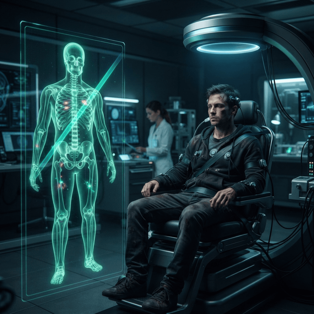 Futuristic diagnostic scanner showing a full-body skeletal scan of a seated driver with glowing green recovery pathways