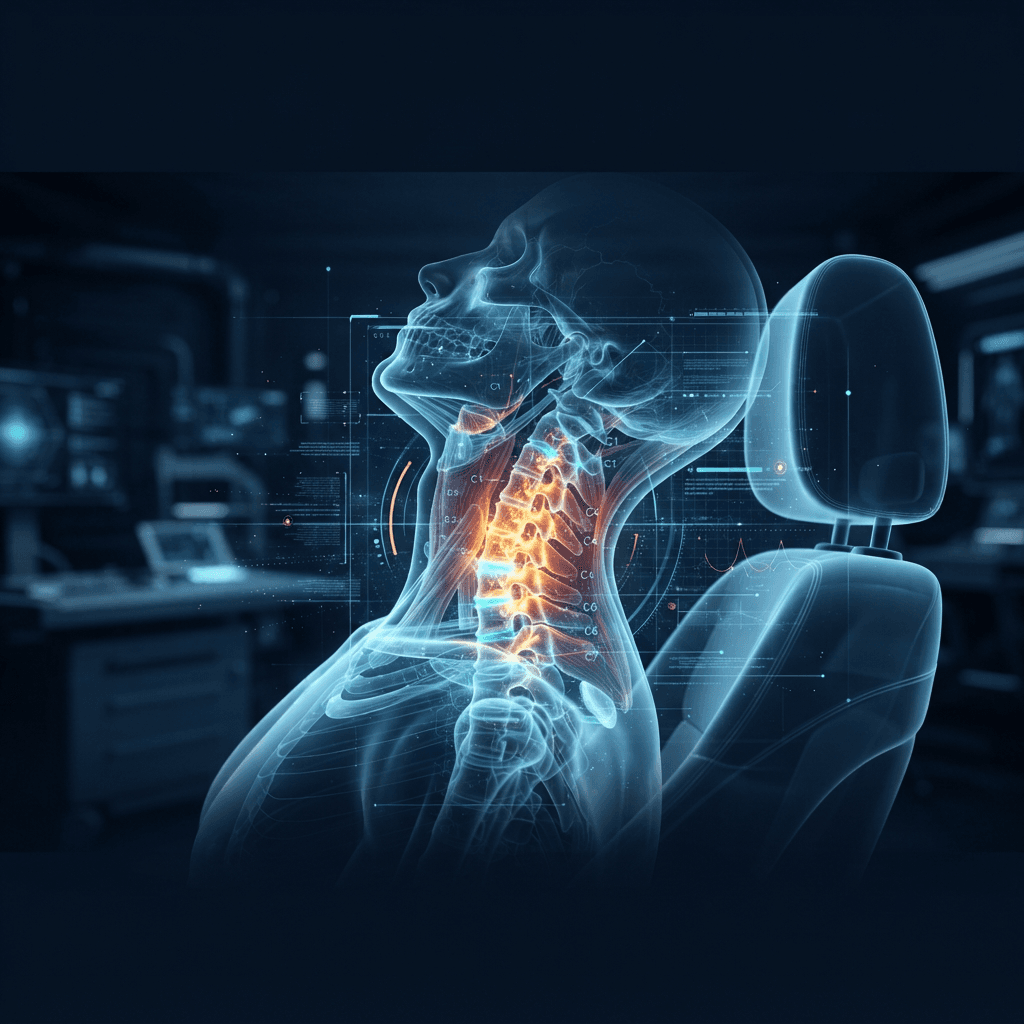 Holographic cervical spine and neck with highlighted whiplash stress points next to a translucent car seat and headrest silhouette