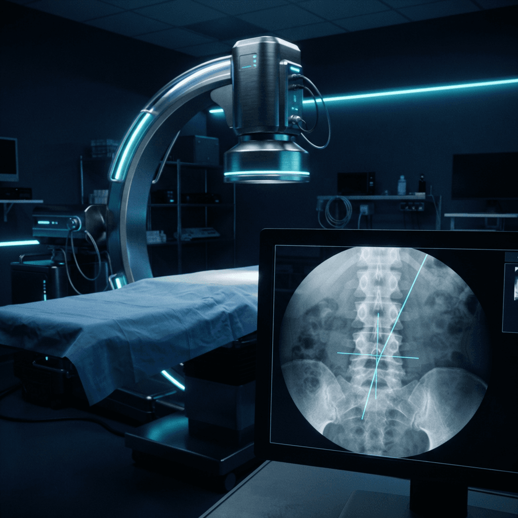Fluoroscopy C-arm imaging system displaying a live lumbar spine X-ray with a cyan targeting reticle and needle path overlay