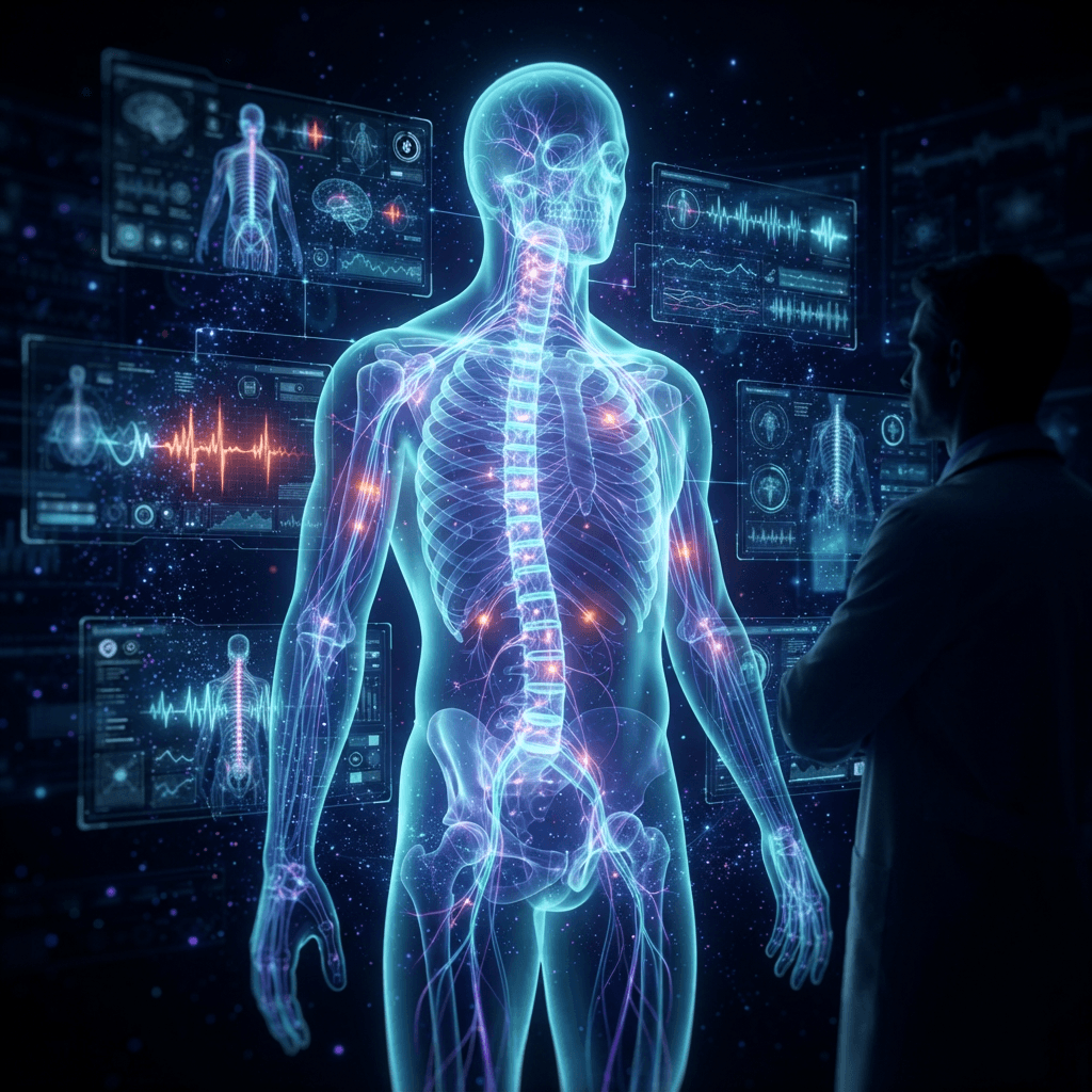 Glowing holographic human torso and spine with fiber-optic neural pathways and a doctor silhouette in a dark navy background