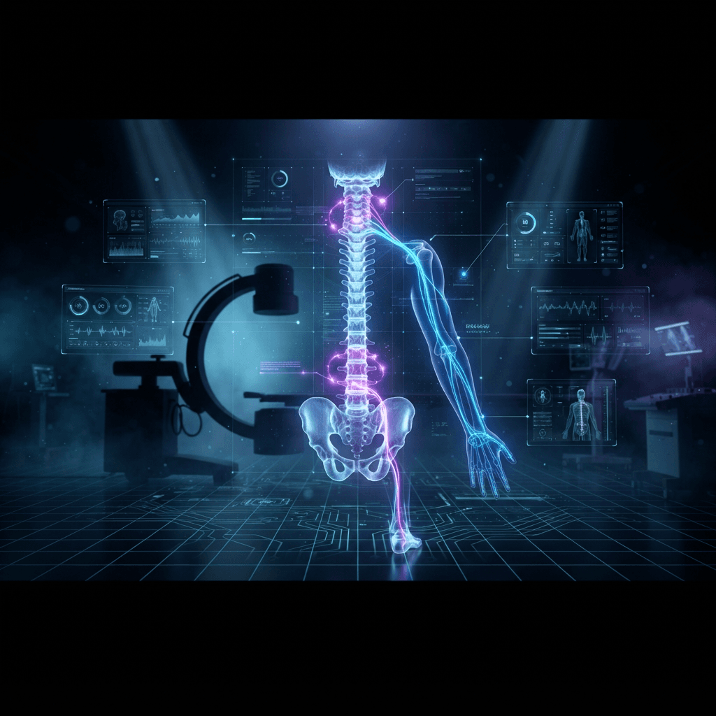 Holographic spine with a blue light pathway following a nerve into the arm and leg and a violet pathway pulsing around the facet joints, beside a fluoroscopic C-arm scanner