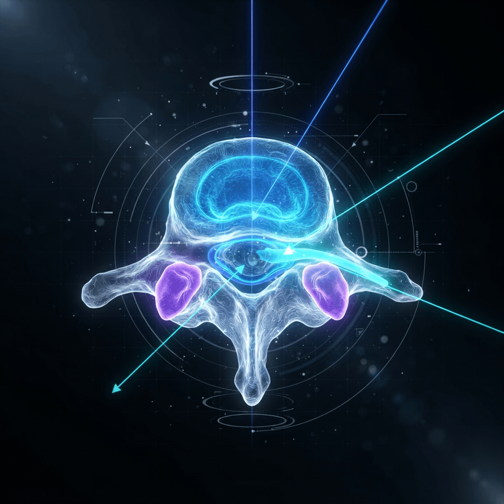 Axial holographic view of a vertebra with the epidural space glowing blue and three neon needle paths showing the interlaminar, transforaminal and caudal approaches