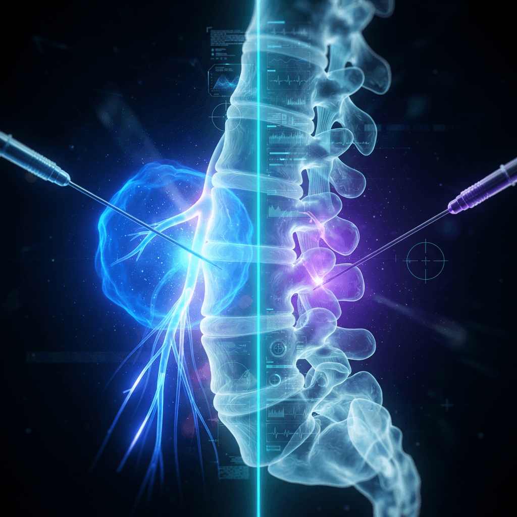 Holographic lumbar spine split in two zones: a needle entering the blue epidural space beside glowing nerve roots, and a second needle targeting a violet facet joint at the back of the vertebrae