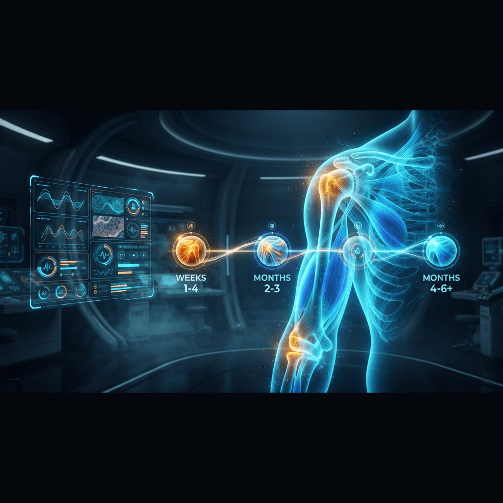 Holographic shoulder and elbow with glowing tendons beside three connected stage nodes and a futuristic tissue-scan dashboard representing gradual healing over weeks to months
