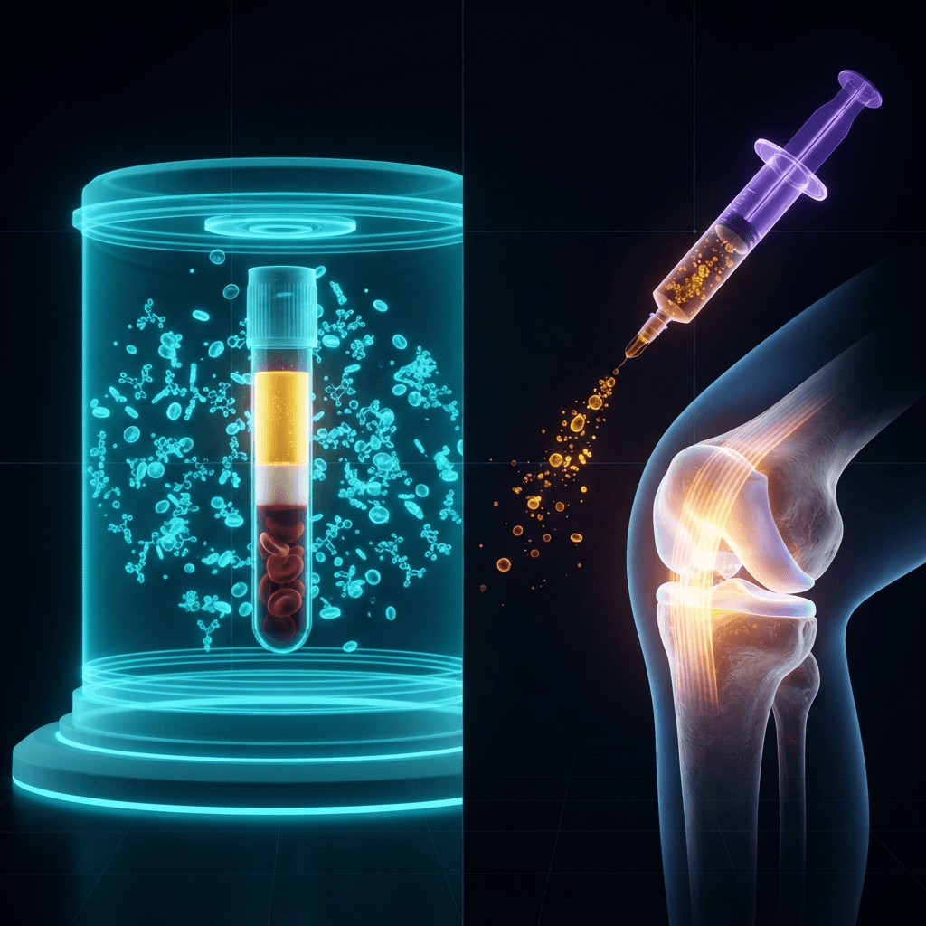 Split holographic scene: a glowing cyan centrifuge separating a golden platelet-rich plasma layer from blood on the left, and an amber syringe delivering dextrose solution toward a knee ligament on the right