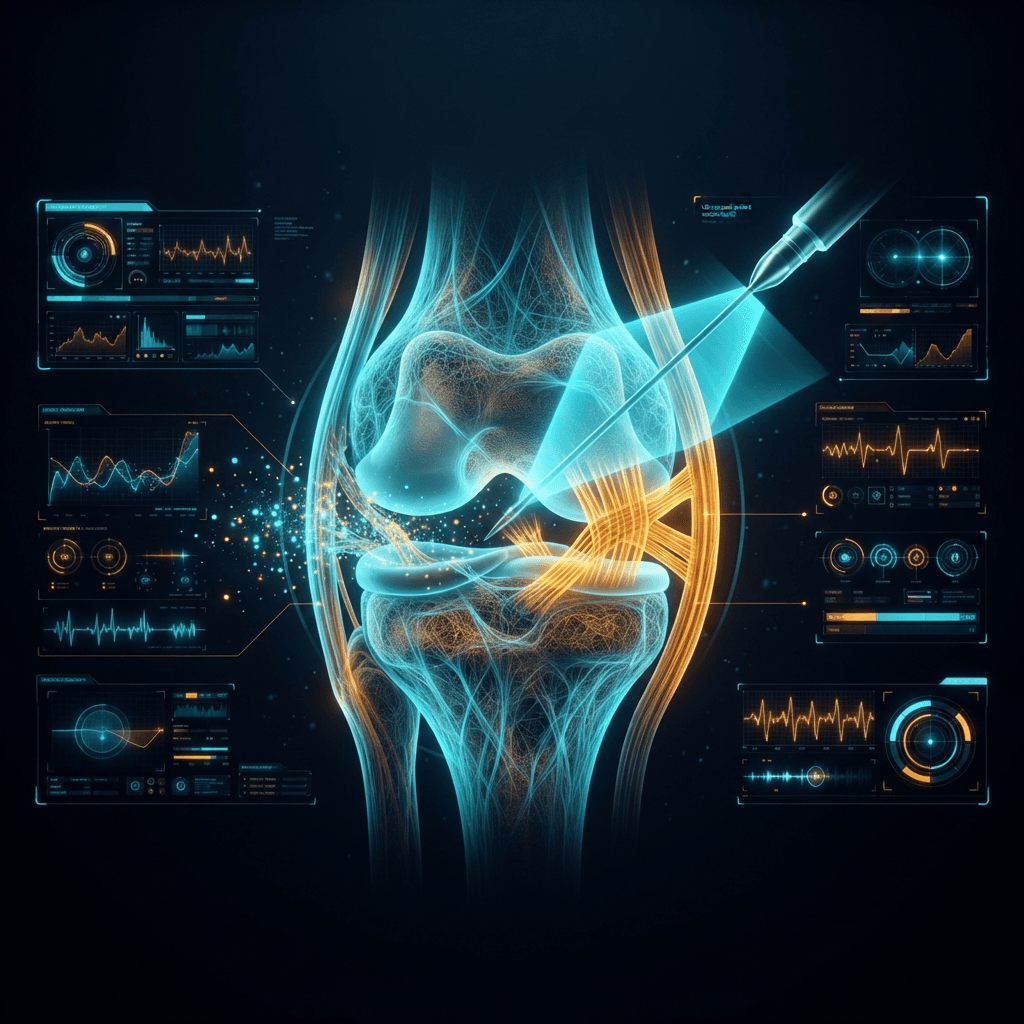 Holographic knee cross-section with an ultrasound-guided needle, a cyan ultrasound beam, and glowing platelets releasing growth factors onto frayed tendon fibers beside amber ligament fibers tightening