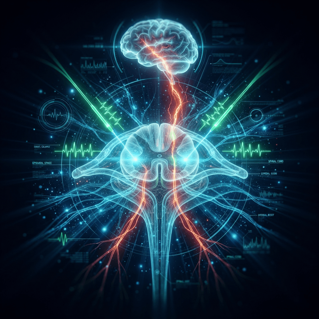 Holographic cross-section of the spinal canal with glowing green stimulation leads and pulse waveforms interrupting pain signals traveling up the dorsal columns toward a glowing brain