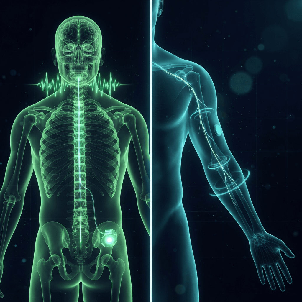 Split holographic comparison: a neon green spine with an epidural stimulation lead and implanted pulse generator on the left, and a cyan arm with a peripheral nerve electrode wrapped around a single nerve branch on the right