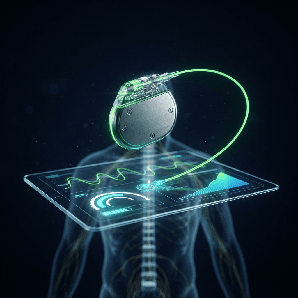 Sleek implantable pulse generator with a green lead beside a cyan peripheral nerve electrode, floating over a holographic programmer interface showing waveform curves and a rising relief gauge