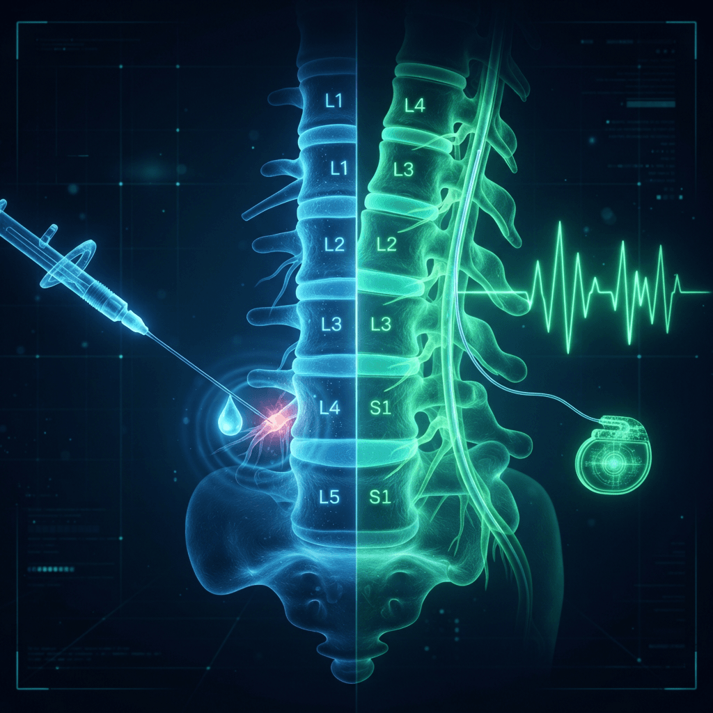 Split holographic lumbar spine: a blue guided needle delivering medication near a spinal nerve on the left, and green electrical pulses from an implanted stimulator lead on the right