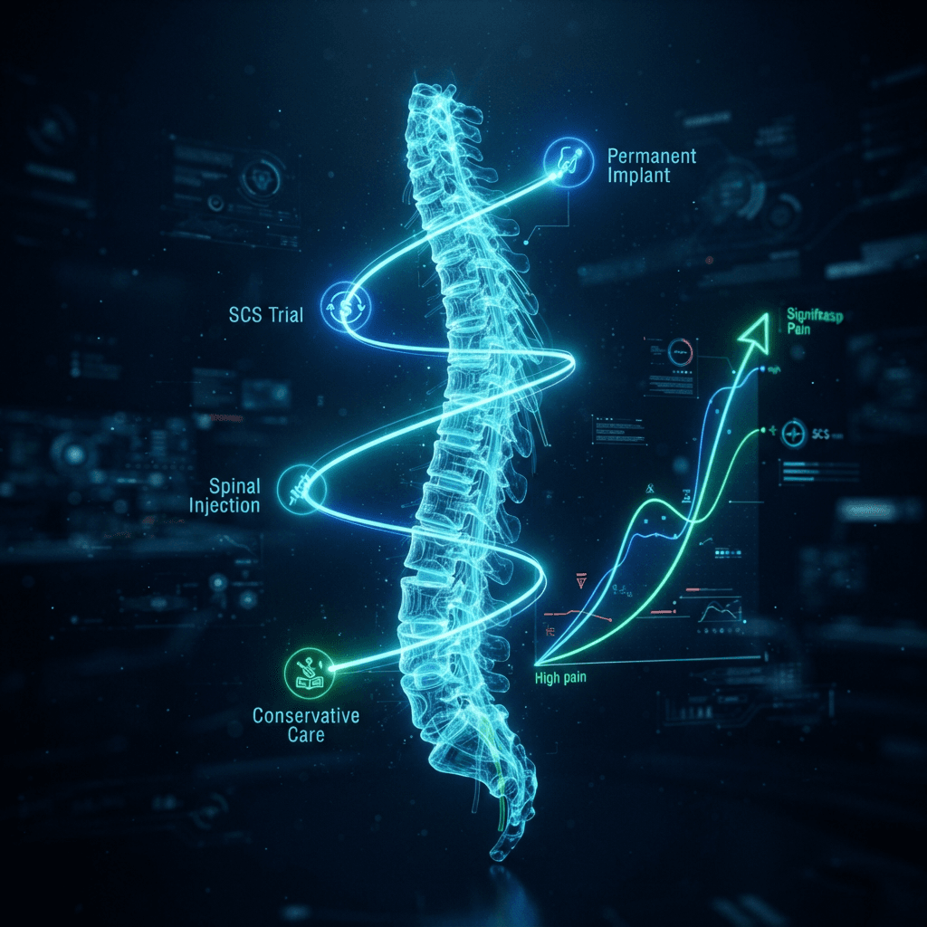 Vertical holographic spine with a glowing neon pathway connecting four nodes for conservative care, injection, SCS trial and permanent implant, beside a rising pain-relief curve