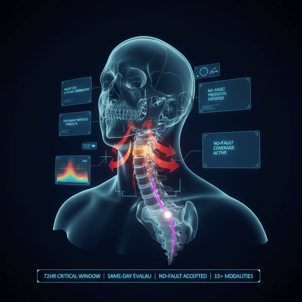 Illustration of a neck and upper spine with highlighted cervical discs, shown for car accident injury care at Queens Pain Clinic