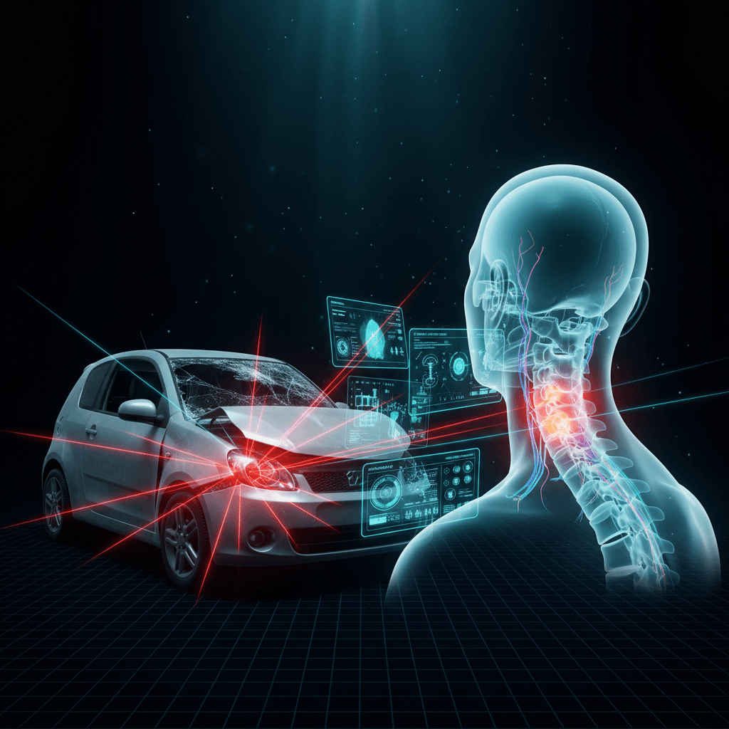 Illustration of a crashed car beside a neck spine highlighted to show whiplash injury