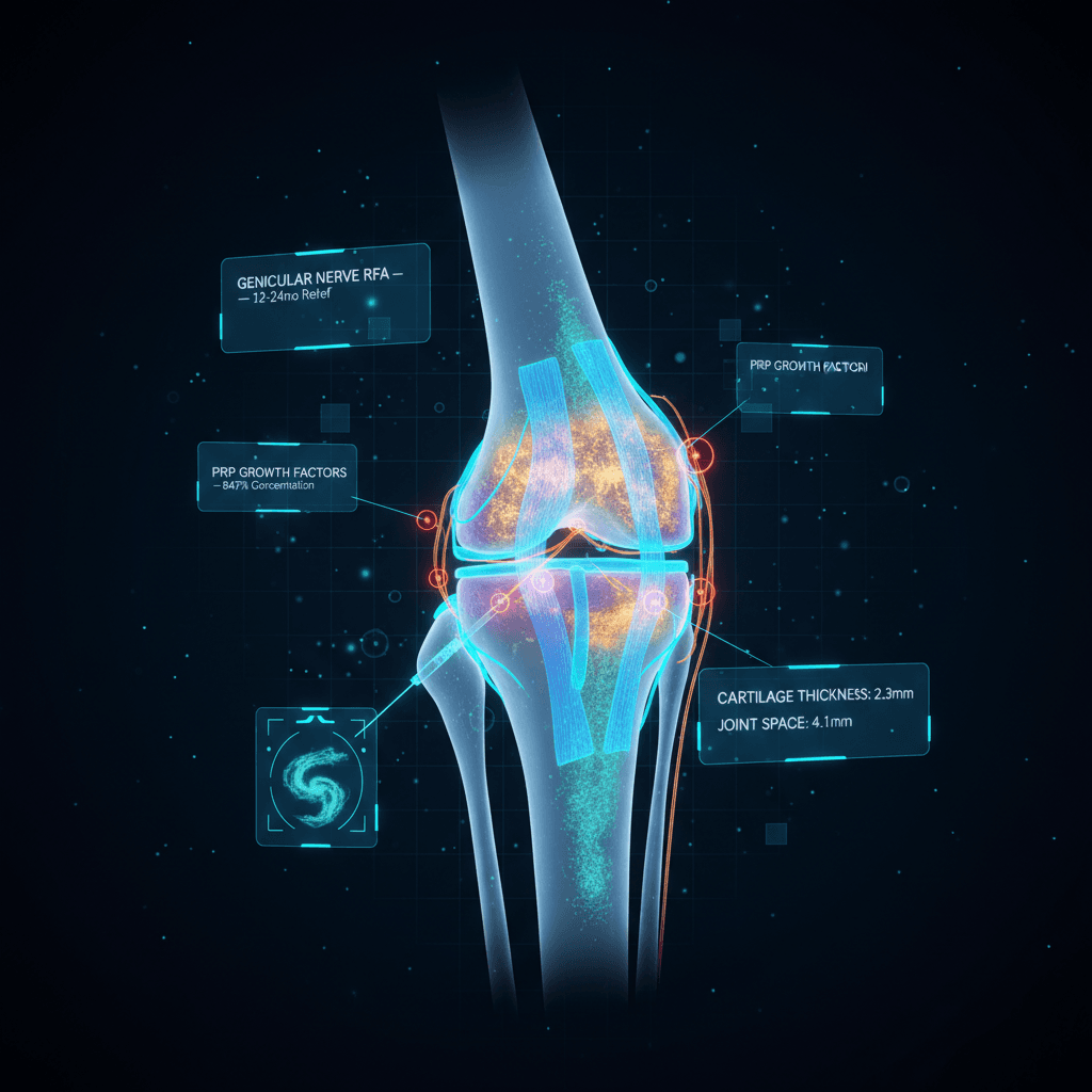 Illustration of knee joint anatomy used to explain knee pain