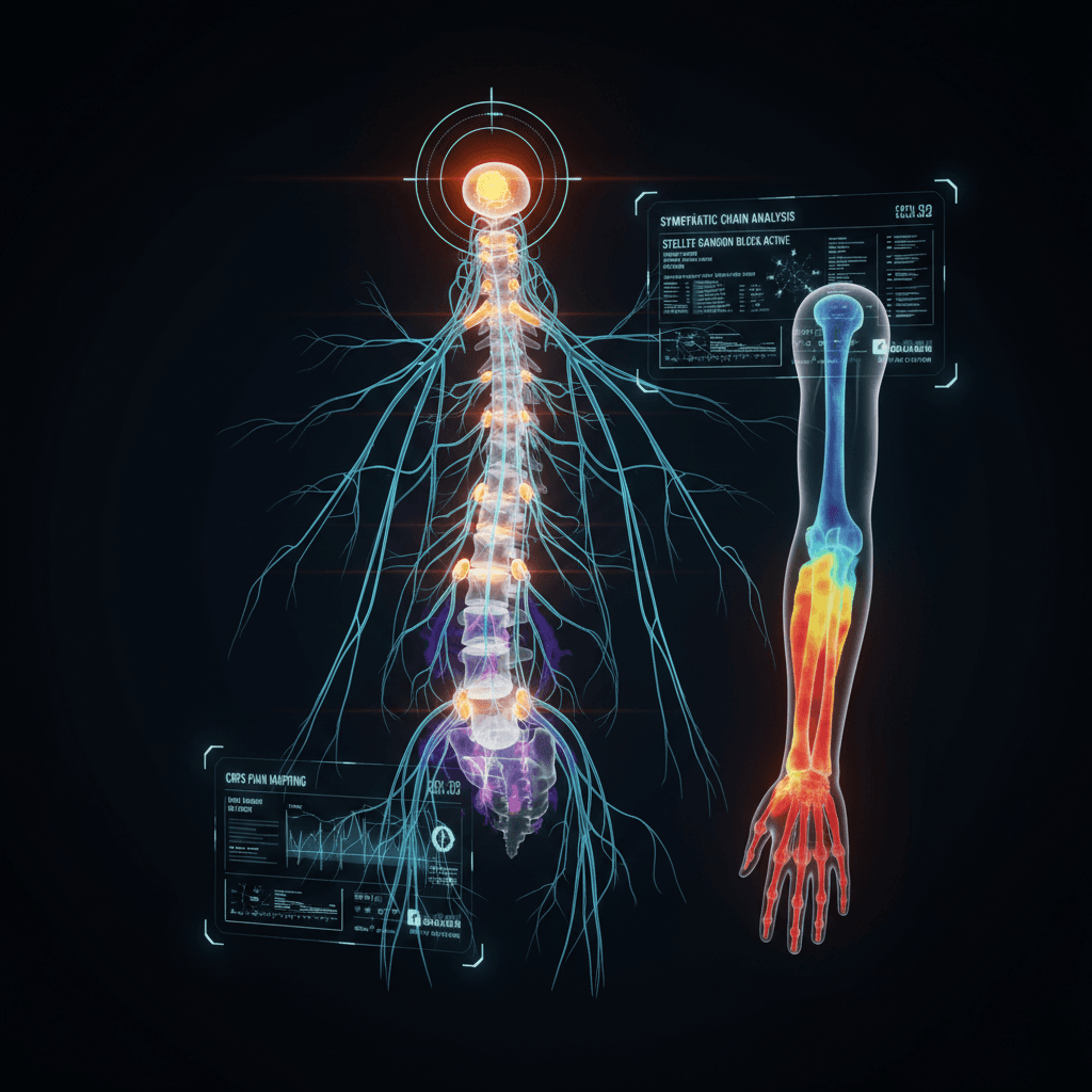 Illustration of the sympathetic chain along the spine, with the stellate ganglion highlighted, used for sympathetic pain and CRPS care at Queens Pain Clinic in Rego Park, NY