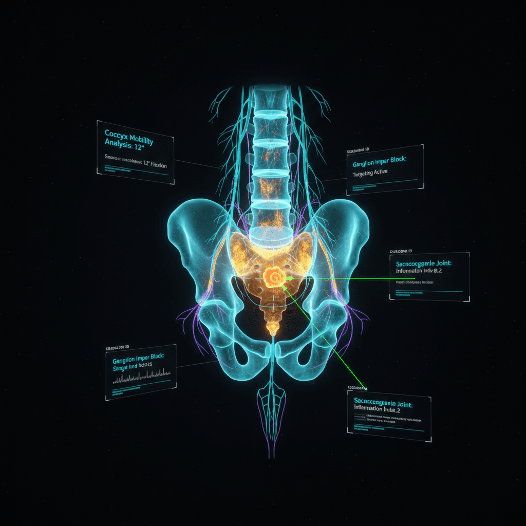 Diagram of the coccyx and sacrococcygeal joint with the ganglion impar marked, used for tailbone pain care at Queens Pain Clinic in Rego Park, NY