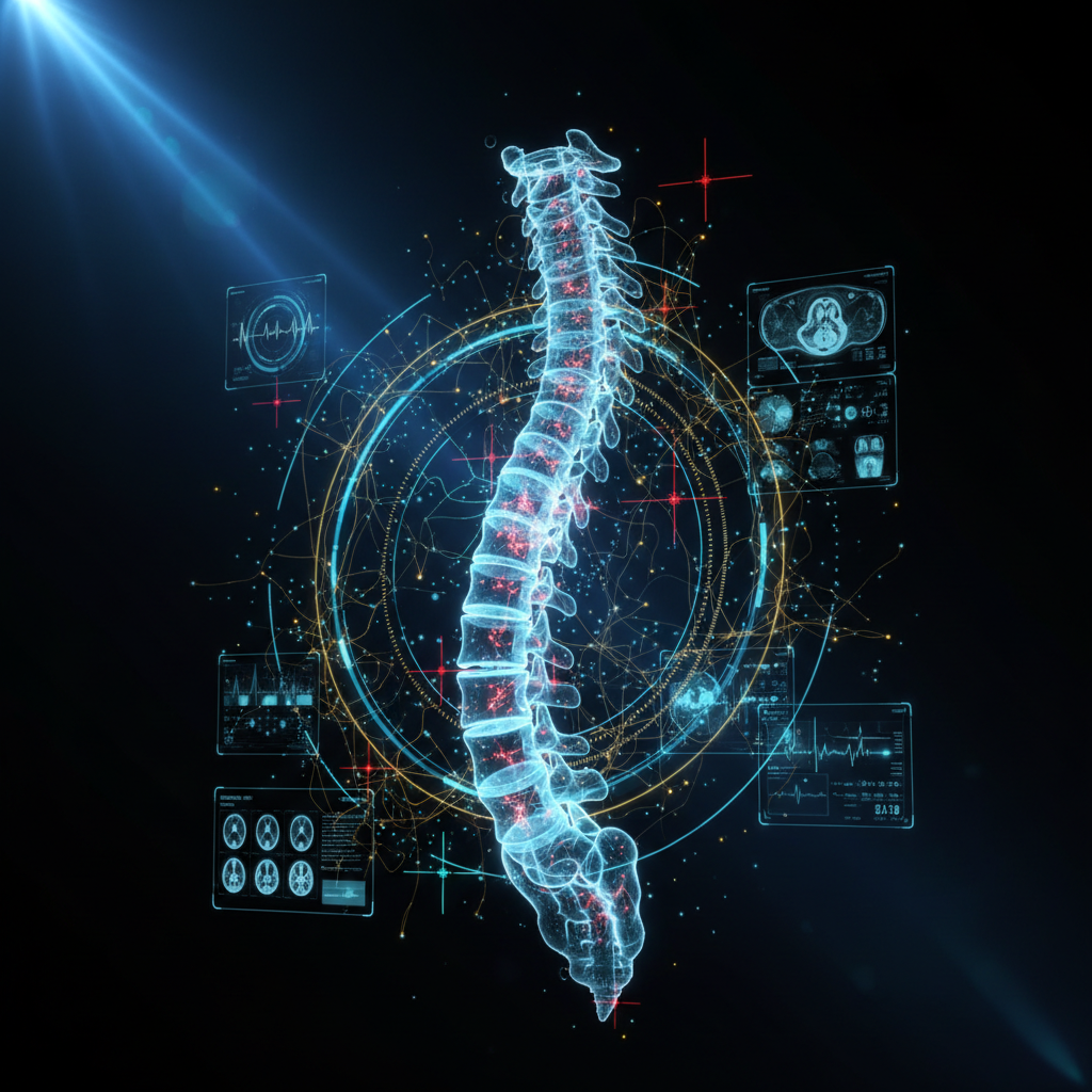 Cinematic ultra-high-tech holographic 3D spine visualization with glowing neural networks, AR diagnostic panels, volumetric light beams, and precision targeting reticles — Queens Pain Management Clinic advanced interventional care